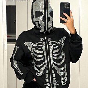 Oversized Rhinestone Studded Skeleton Hoodie with Skull Hood Size Small